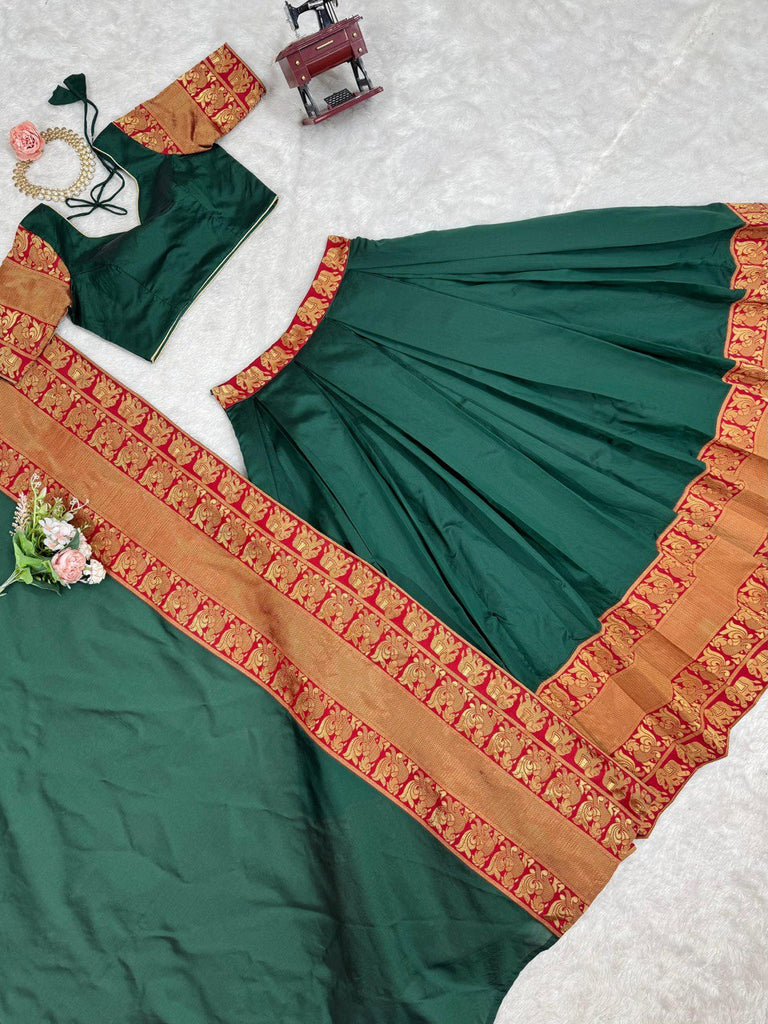 Green Regal Jacquard Weaving Lehenga Set  Semi-Stitched with 3.5 Meter Flair & Elegant Dupatta ClothsVilla