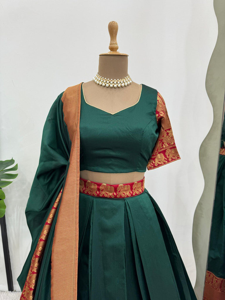 Green Regal Jacquard Weaving Lehenga Set  Semi-Stitched with 3.5 Meter Flair & Elegant Dupatta ClothsVilla