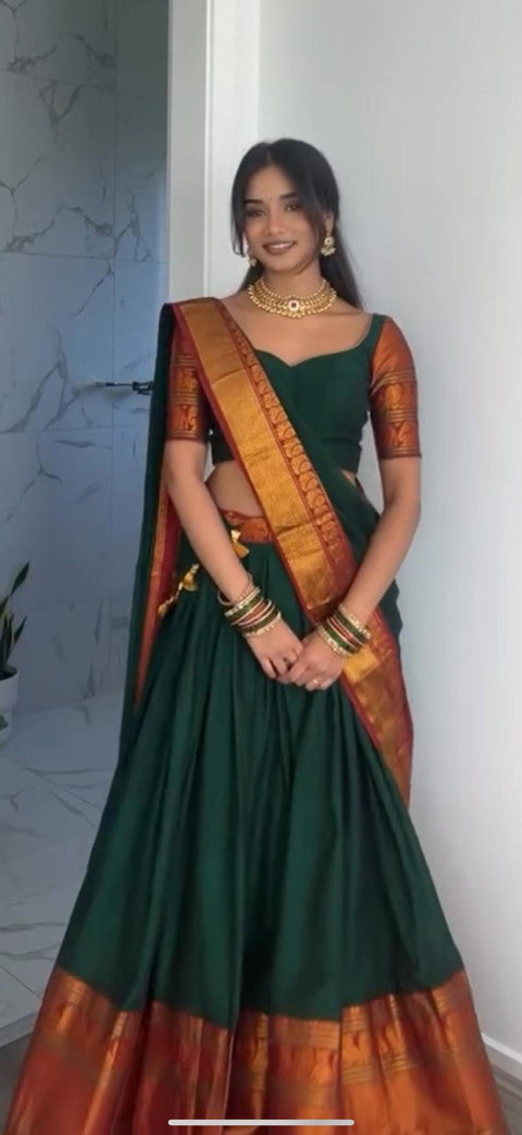 Green Regal Jacquard Weaving Lehenga Set  Semi-Stitched with 3.5 Meter Flair & Elegant Dupatta ClothsVilla Main image