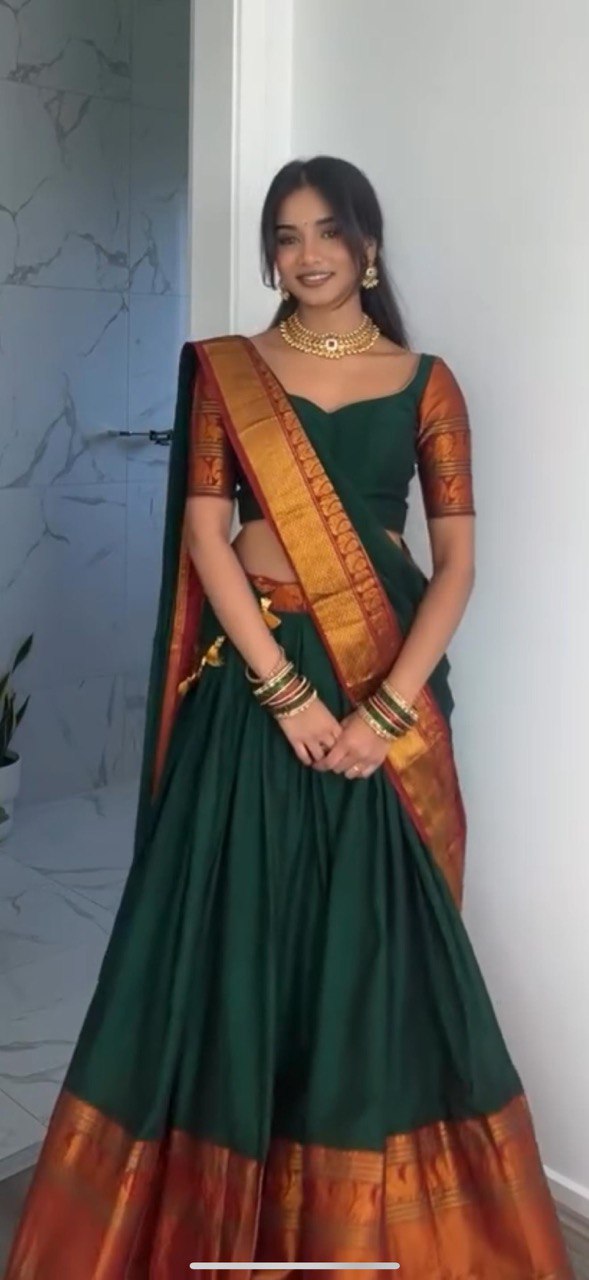 Green Regal Jacquard Weaving Lehenga Set  Semi-Stitched with 3.5 Meter Flair & Elegant Dupatta ClothsVilla Main image