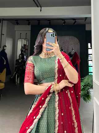 Green Regal Kanchipuram Zari Woven Lehenga Set with Embroidered Georgette Dupatta – Stitched Lehenga & Unstitched Blouse Clothsvilla
