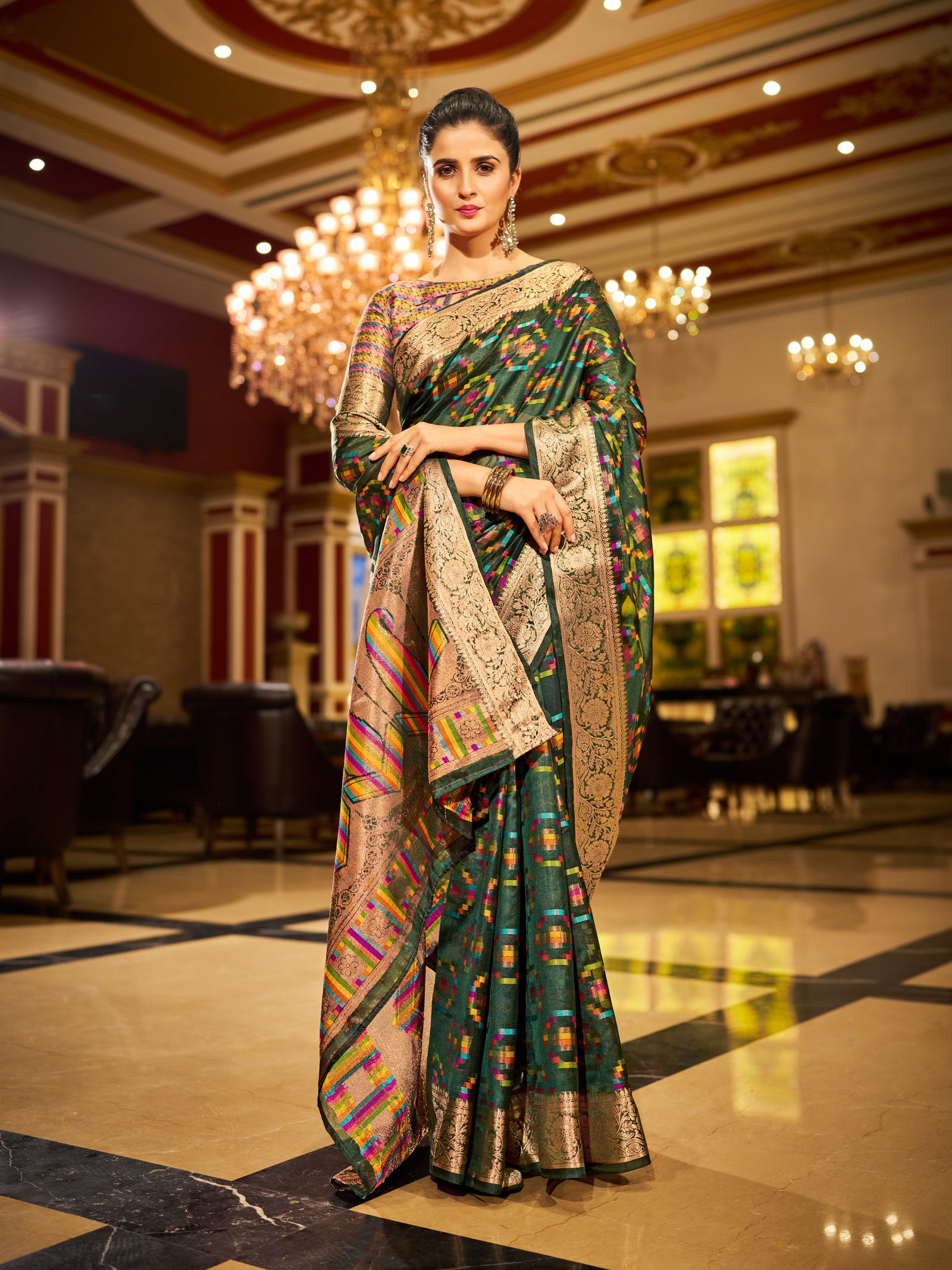 Green Regal Kanjeevaram Organza Saree with Zari Woven Border Clothsvilla