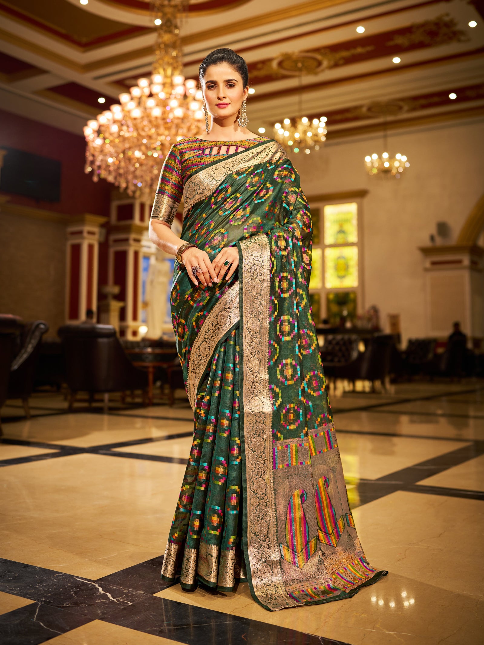 Green Regal Kanjeevaram Organza Saree with Zari Woven Border Clothsvilla