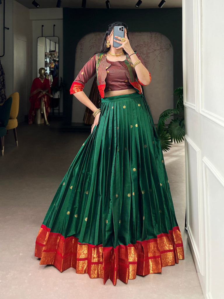 Green Regal Poly Cotton Zari Weaving Work Lehenga Set – Stitched 5-Meter Flair Lehenga with Matching Blouse & Koti ClothsVilla