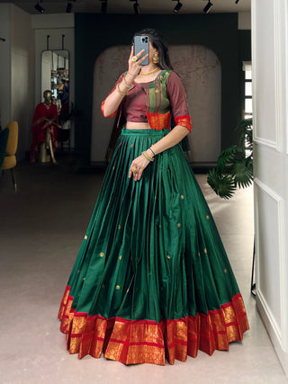 Green Regal Poly Cotton Zari Weaving Work Lehenga Set – Stitched 5-Meter Flair Lehenga with Matching Blouse & Koti ClothsVilla