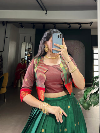 Green Regal Poly Cotton Zari Weaving Work Lehenga Set – Stitched 5-Meter Flair Lehenga with Matching Blouse & Koti ClothsVilla