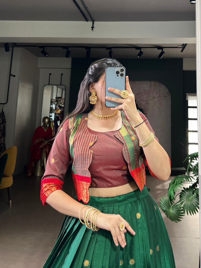 Green Regal Poly Cotton Zari Weaving Work Lehenga Set – Stitched 5-Meter Flair Lehenga with Matching Blouse & Koti ClothsVilla