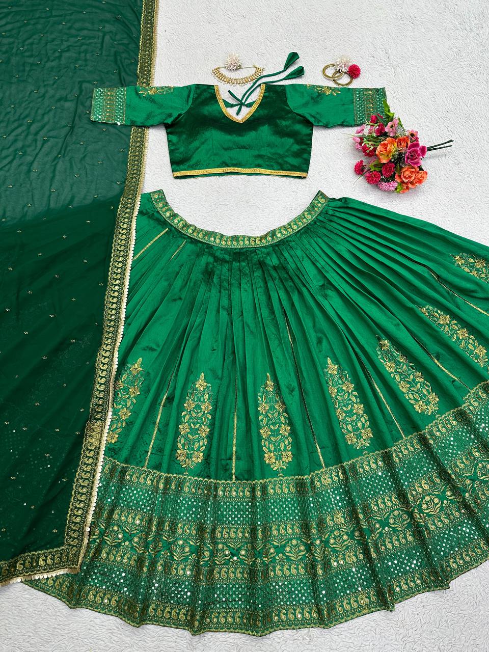 Green Royal Malbari Silk Lehenga Set with Sequin Embroidery & Designer Dupatta ClothsVilla