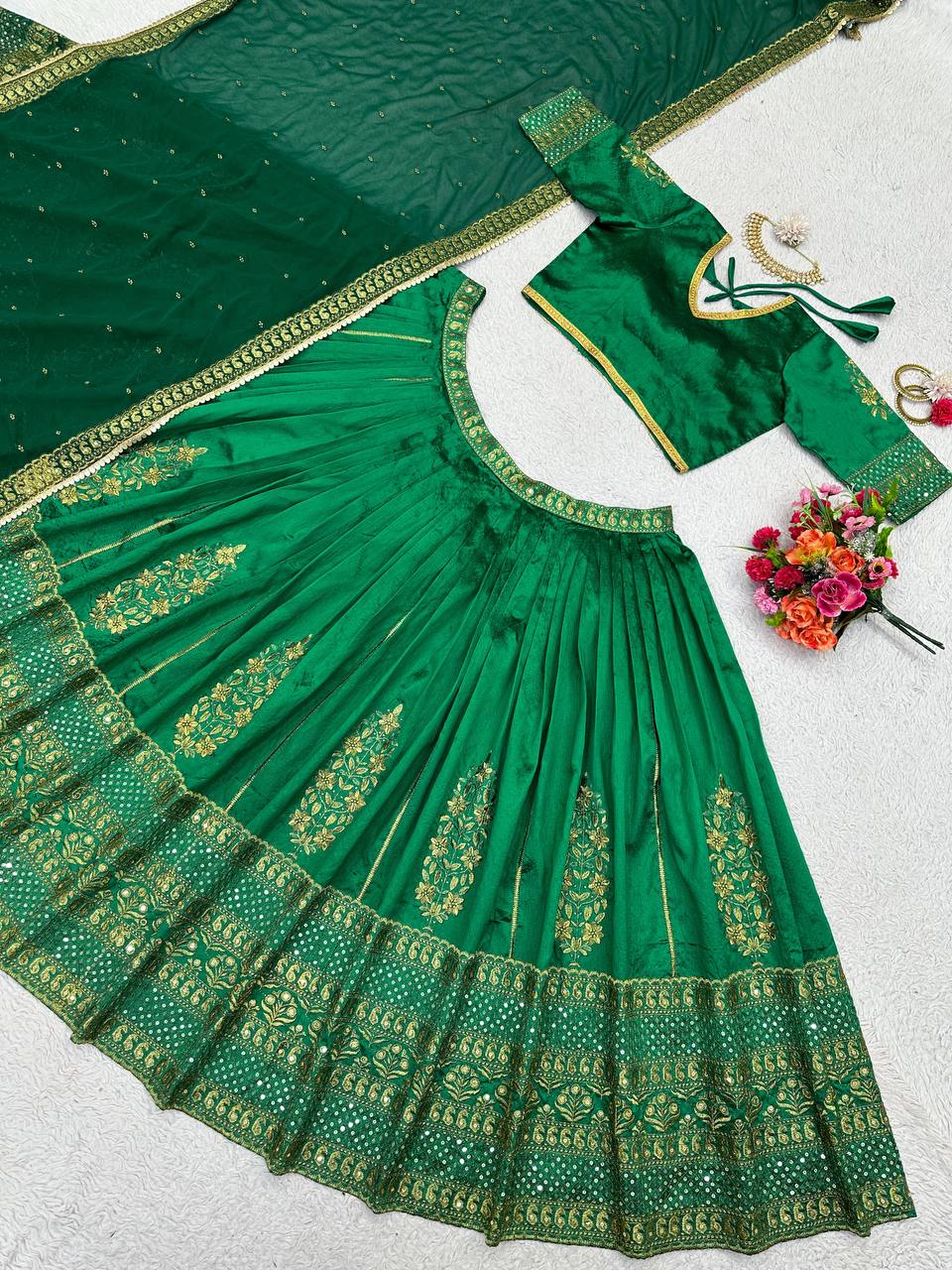 Green Royal Malbari Silk Lehenga Set with Sequin Embroidery & Designer Dupatta ClothsVilla