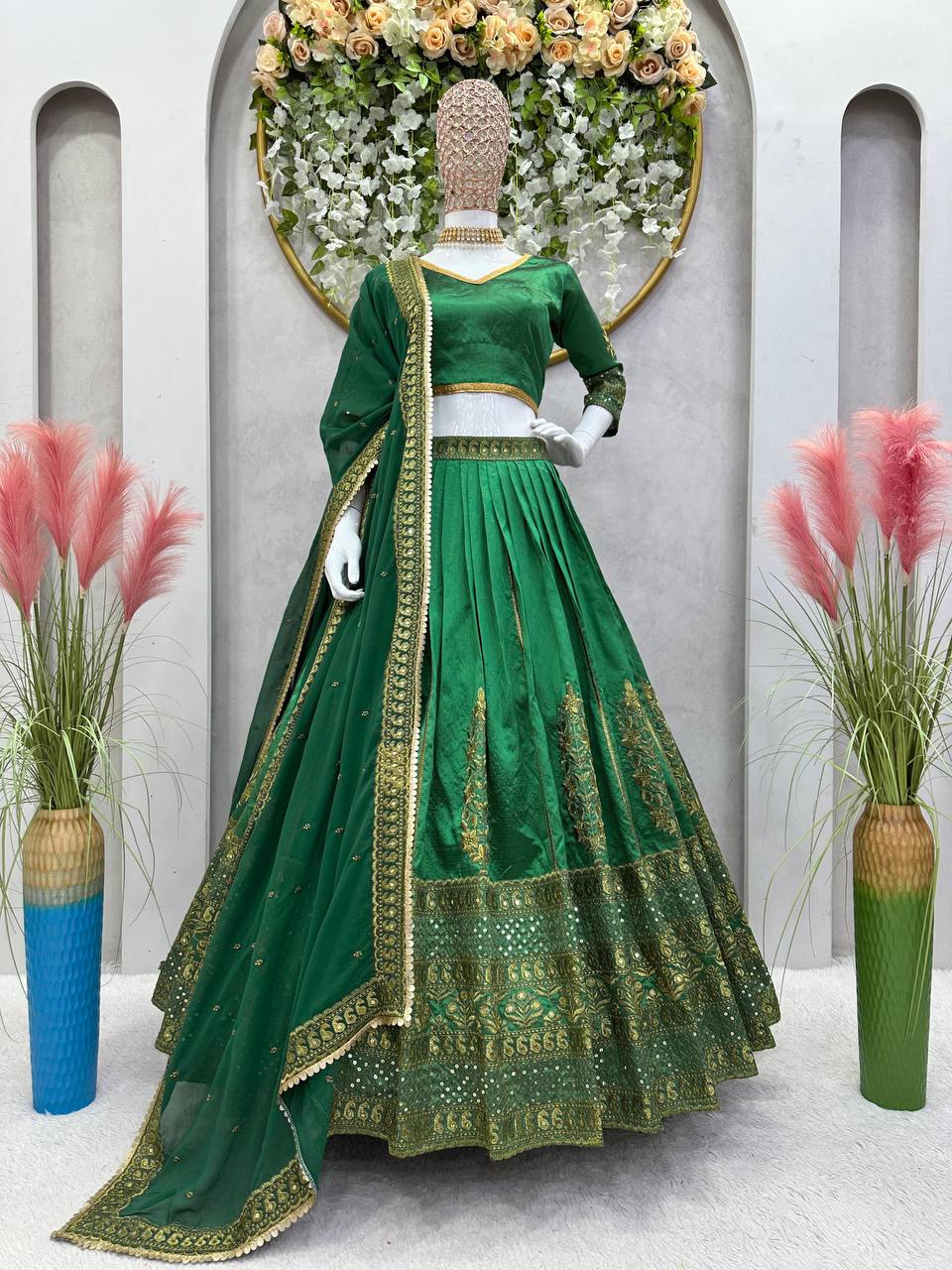 Green Royal Malbari Silk Lehenga Set with Sequin Embroidery & Designer Dupatta ClothsVilla