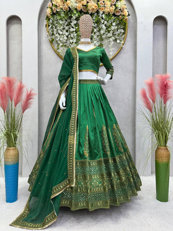 Green Royal Malbari Silk Lehenga Set with Sequin Embroidery & Designer Dupatta ClothsVilla