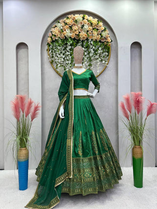 Green Royal Malbari Silk Lehenga Set with Sequin Embroidery & Designer Dupatta ClothsVilla