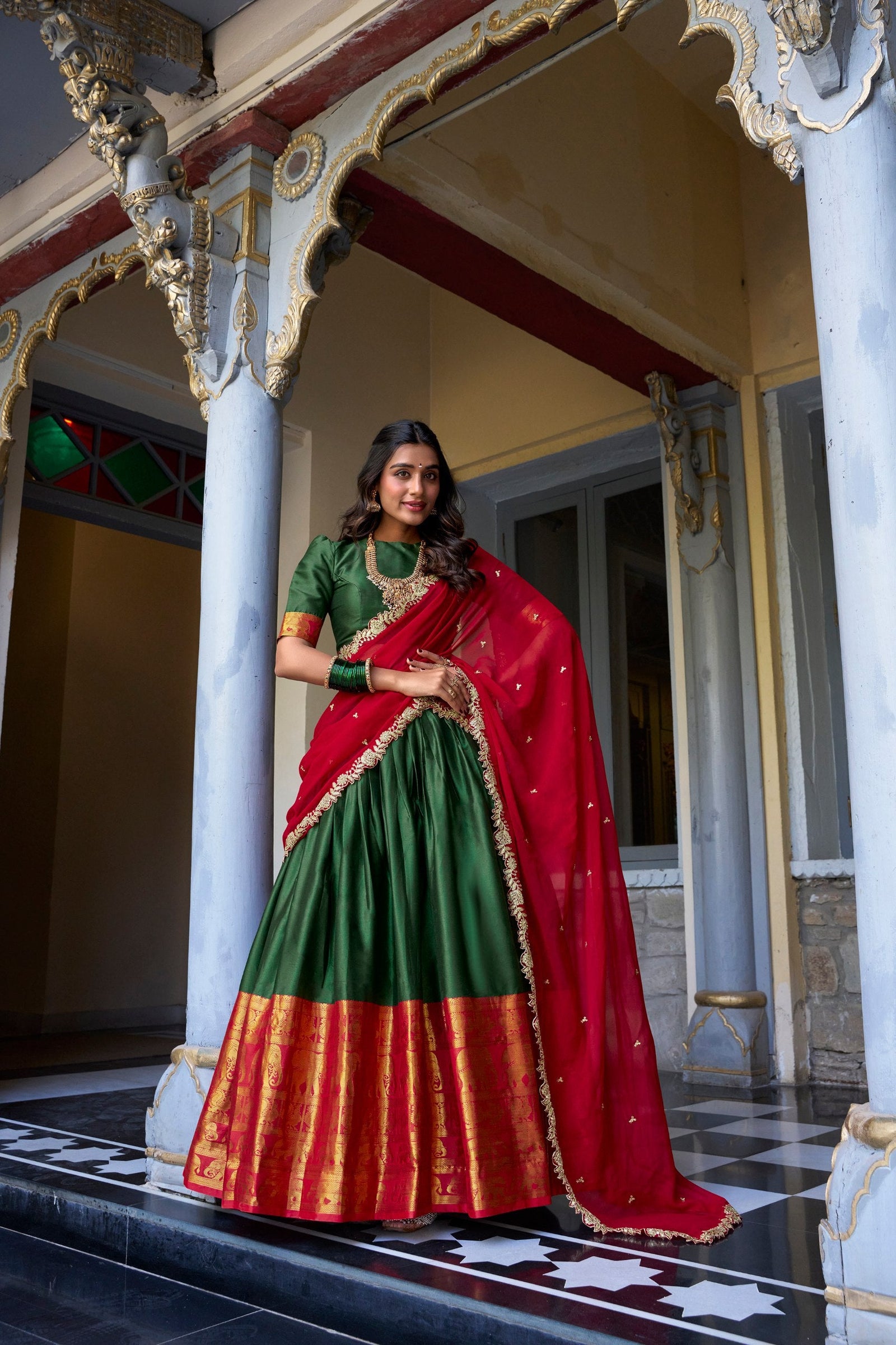Green Royal Narayan Pattu Zari Weaving Lehenga Set ClothsVilla