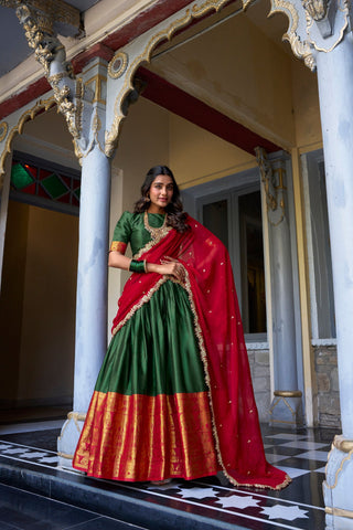 Green Royal Narayan Pattu Zari Weaving Lehenga Set ClothsVilla