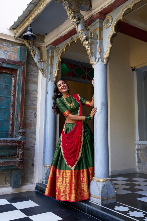 Green Royal Narayan Pattu Zari Weaving Lehenga Set ClothsVilla
