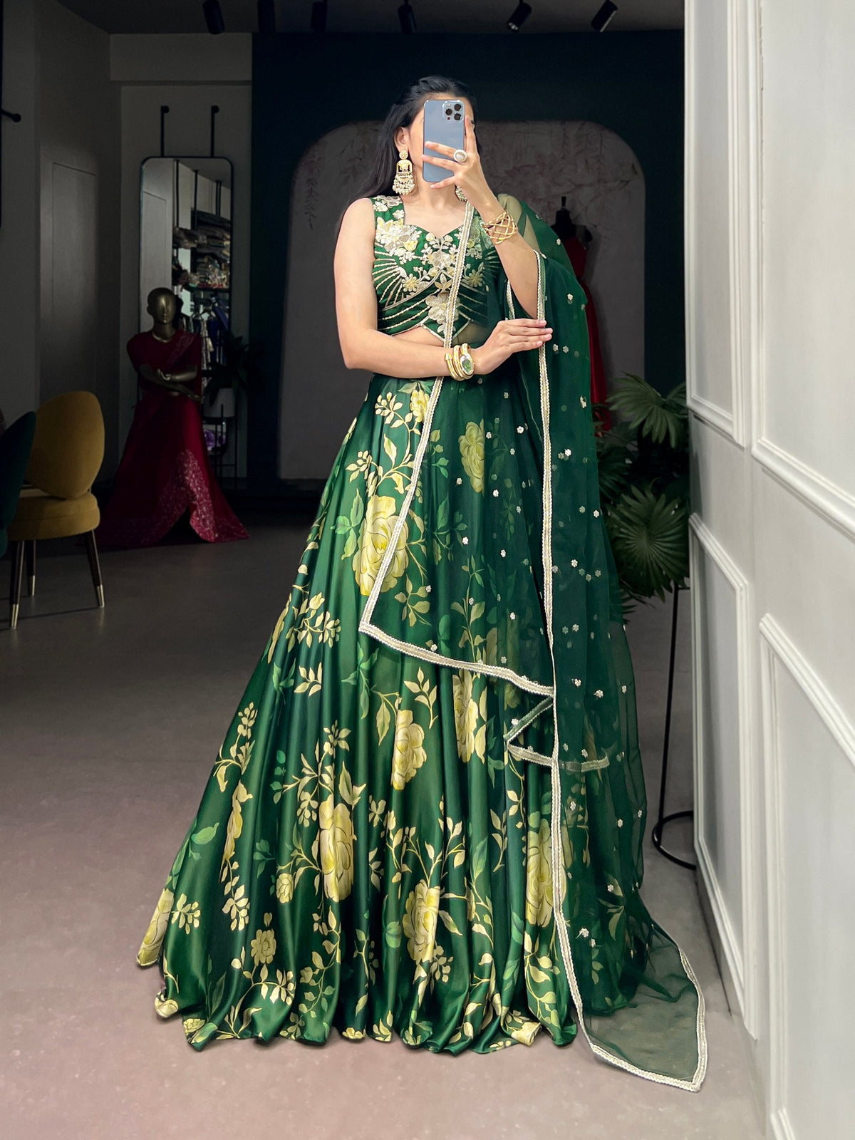 Green Satin Silk Floral Printed Lehenga ClothsVilla