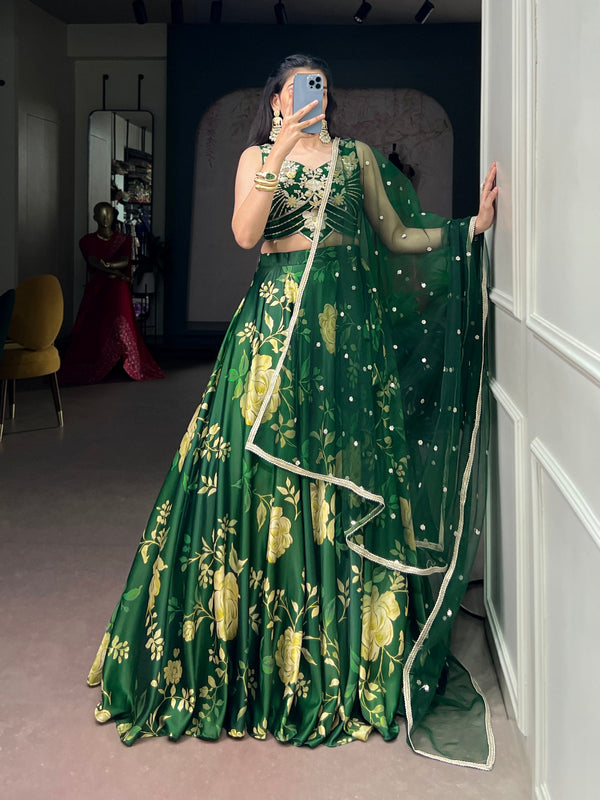 Green Satin Silk Floral Printed Lehenga ClothsVilla