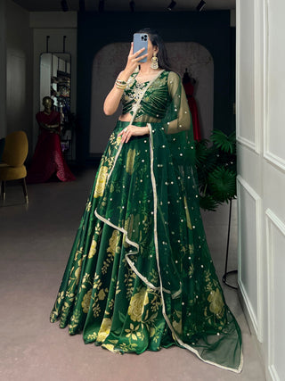 Green Satin Silk Floral Printed Lehenga ClothsVilla