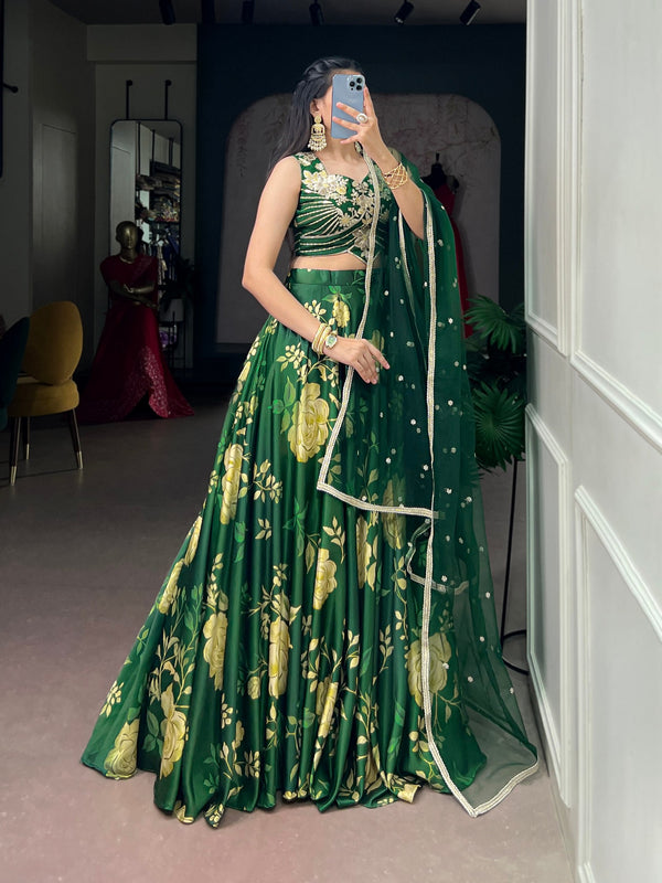 Green Satin Silk Floral Printed Lehenga ClothsVilla