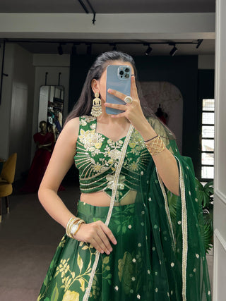 Green Satin Silk Floral Printed Lehenga ClothsVilla