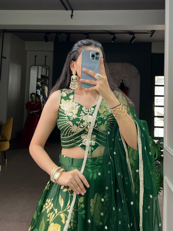 Green Satin Silk Floral Printed Lehenga ClothsVilla