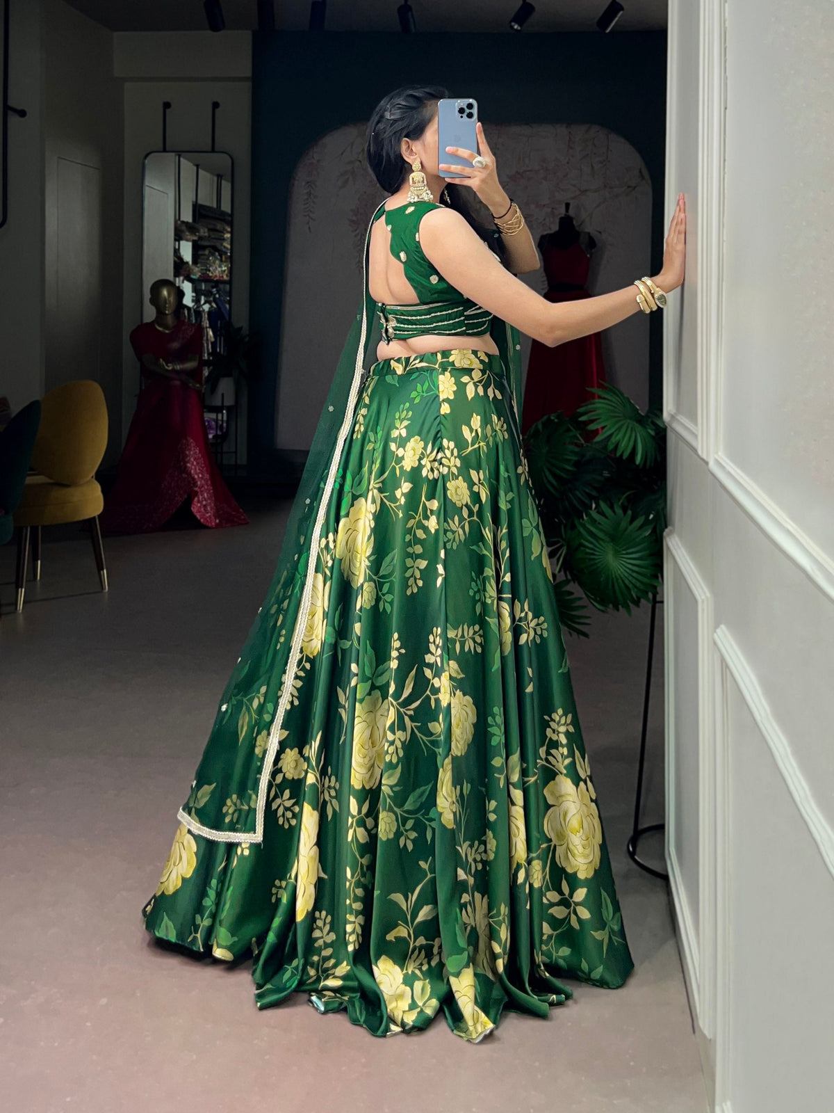 Green Satin Silk Floral Printed Lehenga ClothsVilla