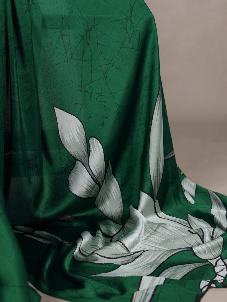 Green Satin Silk Floral Printed Saree with Matching Unstitched Blouse ClothsVilla