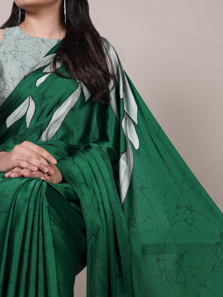 Green Satin Silk Floral Printed Saree with Matching Unstitched Blouse ClothsVilla