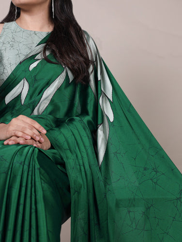 Green Satin Silk Floral Printed Saree with Matching Unstitched Blouse ClothsVilla
