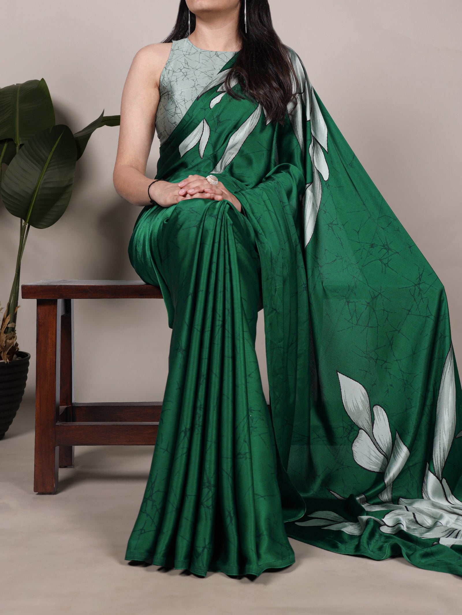 Green Satin Silk Floral Printed Saree with Matching Unstitched Blouse ClothsVilla