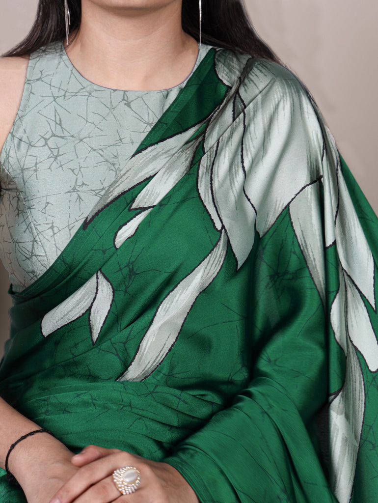 Green Satin Silk Floral Printed Saree with Matching Unstitched Blouse ClothsVilla