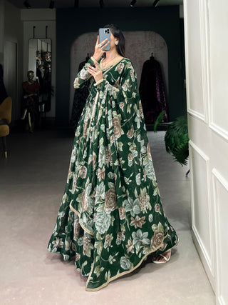 Green Sculpted Beauty Floral Print Marbel Gown with Lace Touch-Up Dupatta