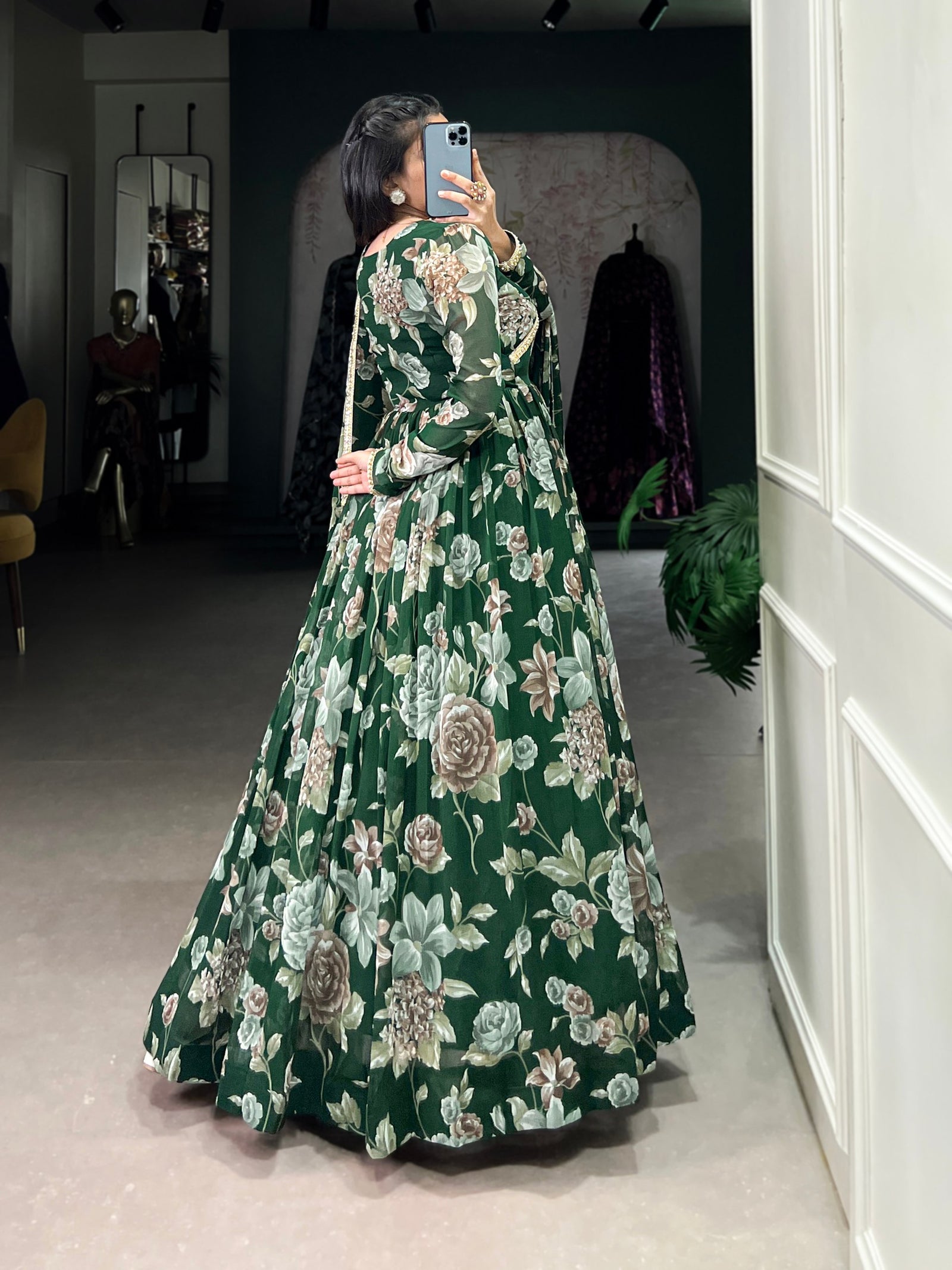 Green Sculpted Beauty Floral Print Marbel Gown with Lace Touch-Up Dupatta
