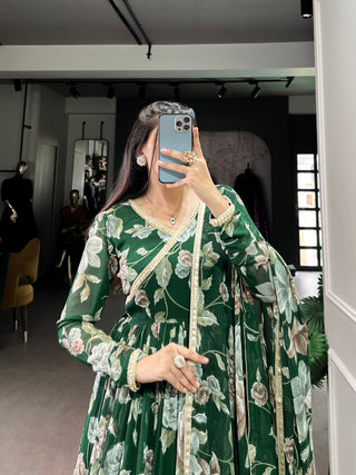 Green Sculpted Beauty Floral Print Marbel Gown with Lace Touch-Up Dupatta
