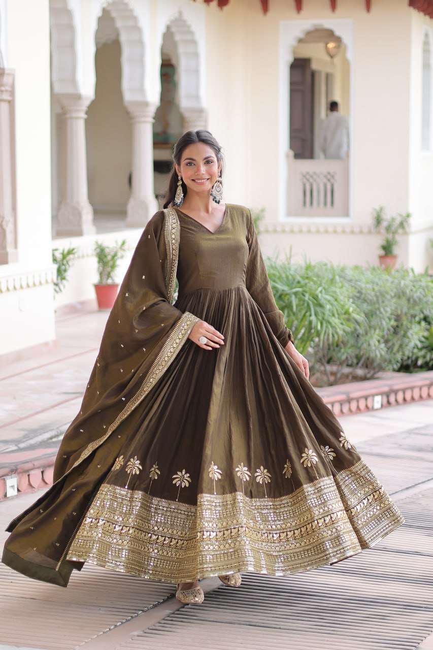 Green Sequins Embroidered Gown ClothsVilla