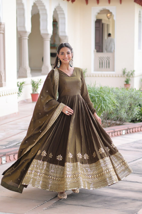 Green Sequins Embroidered Gown ClothsVilla