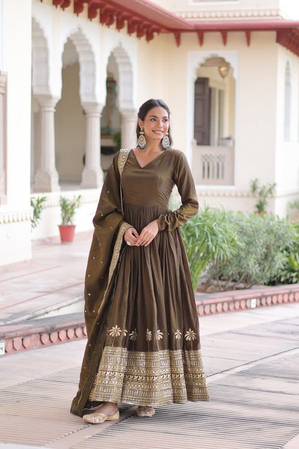 Green Sequins Embroidered Gown ClothsVilla