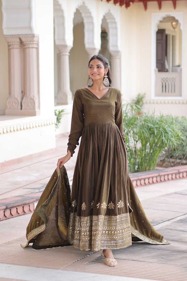 Green Sequins Embroidered Gown ClothsVilla