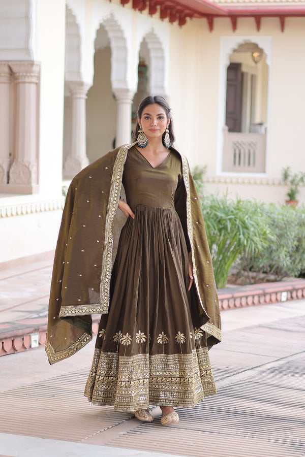 Green Sequins Embroidered Gown ClothsVilla