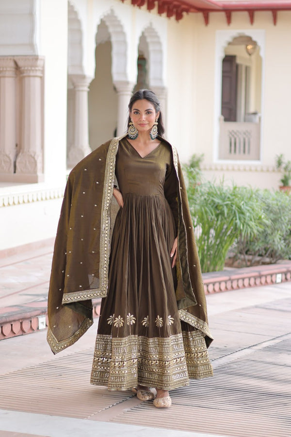 Green Sequins Embroidered Gown ClothsVilla