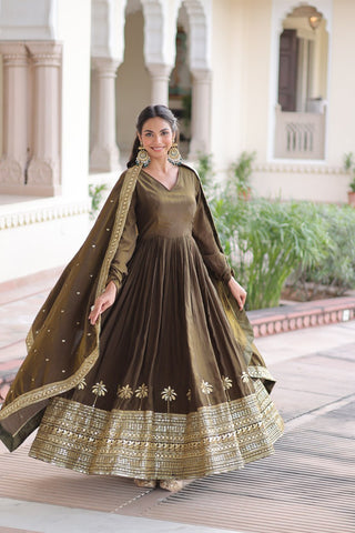 Green Sequins Embroidered Gown ClothsVilla