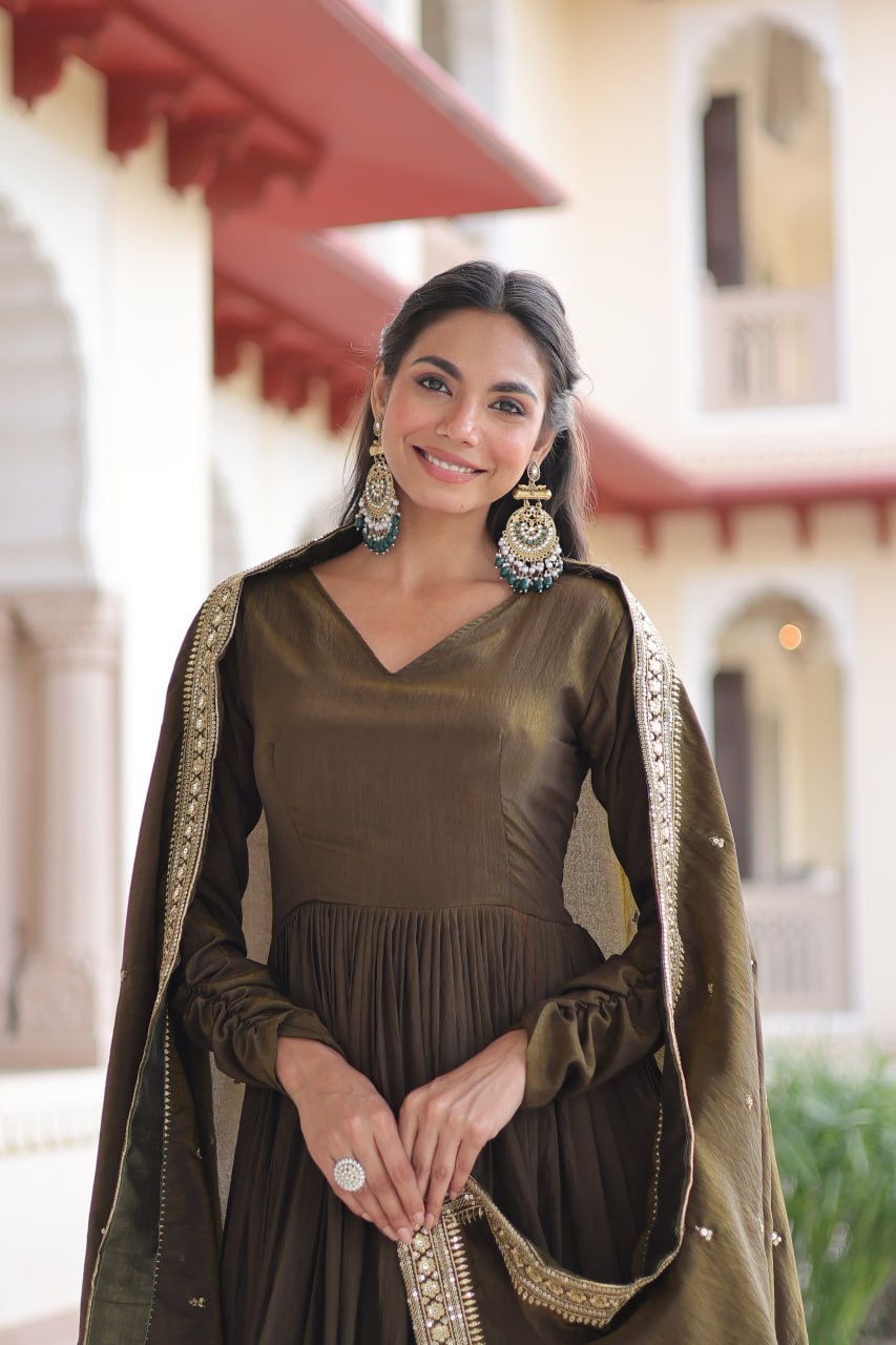 Green Sequins Embroidered Gown ClothsVilla