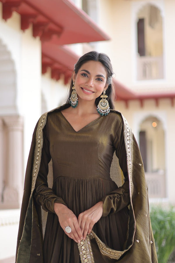 Green Sequins Embroidered Gown ClothsVilla