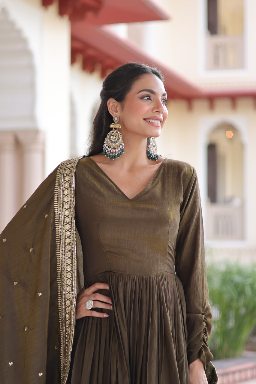 Green Sequins Embroidered Gown ClothsVilla