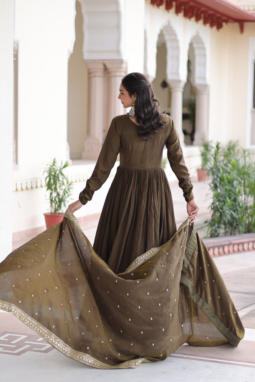 Green Sequins Embroidered Gown ClothsVilla