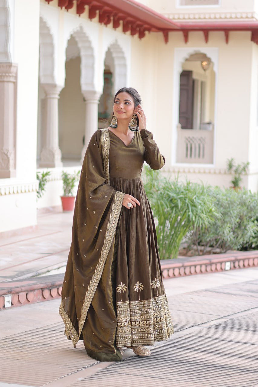 Green Sequins Embroidered Gown ClothsVilla