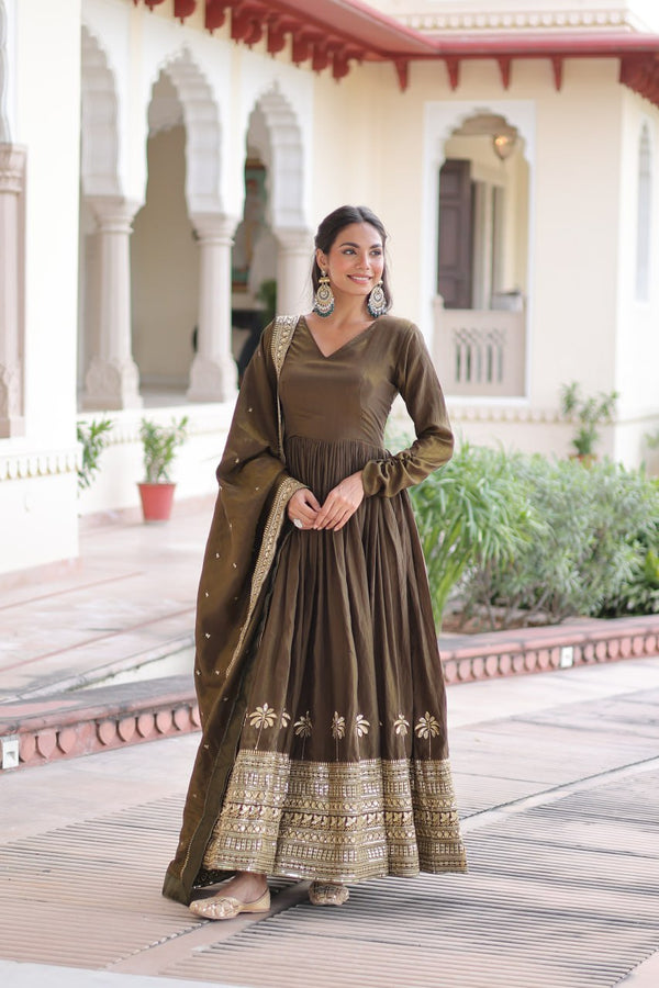 Green Sequins Embroidered Gown ClothsVilla