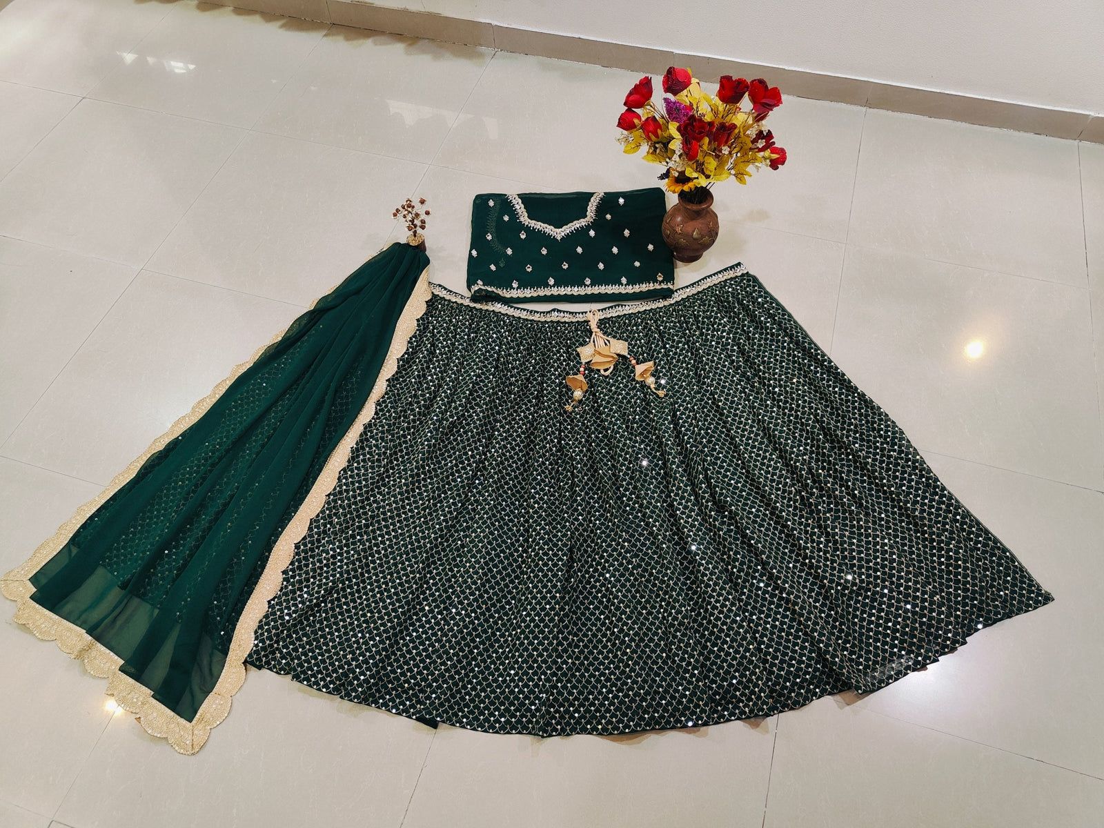 Green Sequins Georgette Lehenga ClothsVilla