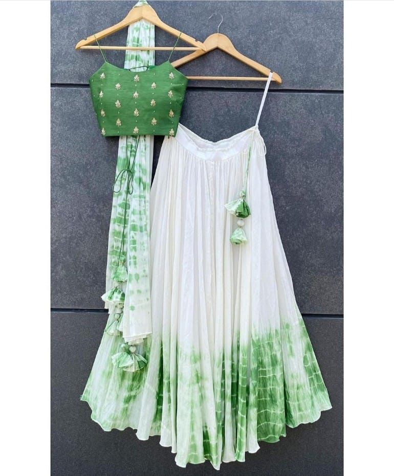Green Shibori Marble Dyed Lehenga with Raw Silk Hand Embroidered Blouse In Multi Colors ClothsVilla Main image
