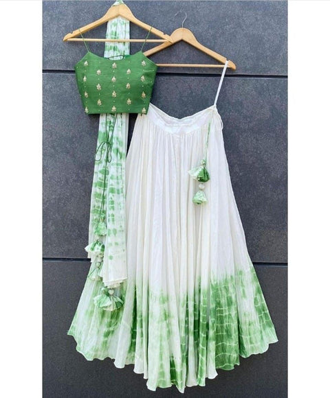Green Shibori Marble Dyed Lehenga with Raw Silk Hand Embroidered Blouse In Multi Colors ClothsVilla Main image